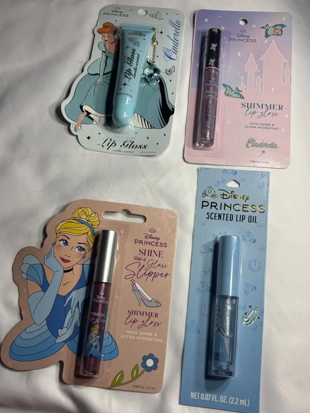 4 New Disney Princess Cinderella Lip Gloss & Lip Oil Set - Blue and Pink